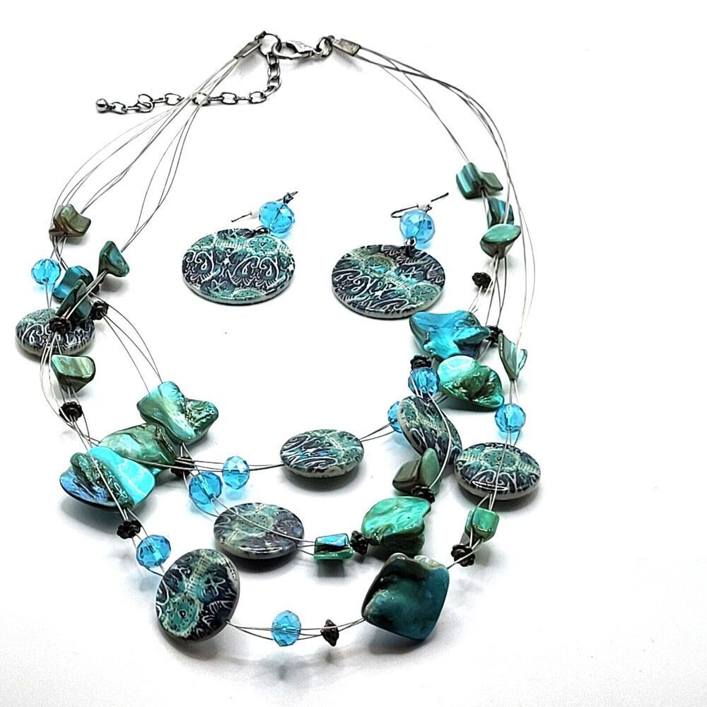 Bohemian Demi Parure Teal Shell Floating Station Necklace and Earrings Set 22in